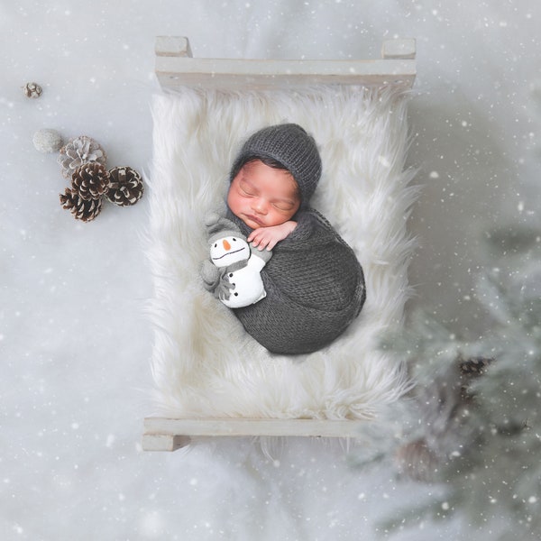 Newborn Winter Backdrop White Snow Bed With hanging Christmas Tree Branch Newborn Digital Backdrop/Background