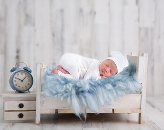 Newborn Digital Backdrop Boy Prop Wooden Bed for Baby Boy with Blue Fur Newborn Digital Background Digital Download