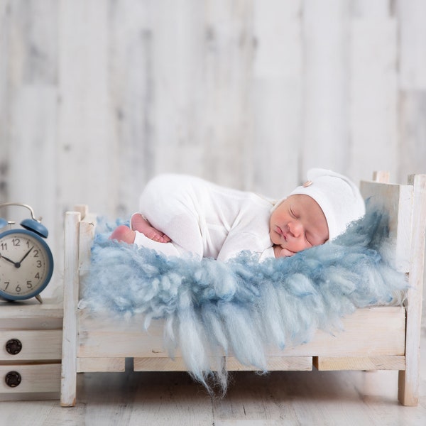 Newborn Digital Backdrop Boy Prop Wooden Bed for Baby Boy with Blue Fur Newborn Digital Background Digital Download