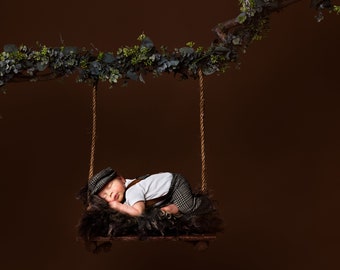 Newborn Digital Backdrop Hanging Swing with Greens on a Brown Background Newborn Boy Digital Backdrop
