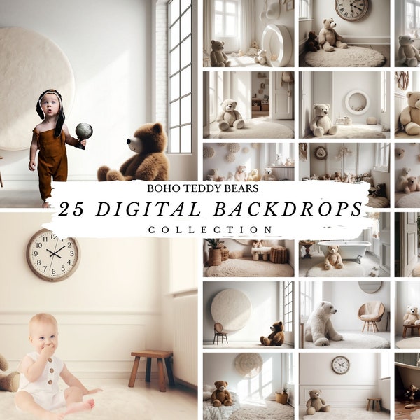 25 Digital Backdrops Boho Teddy Bears Collection, Toddler Digital Background, Digital Backdrop for Sitters, Kids Photography Backdrops