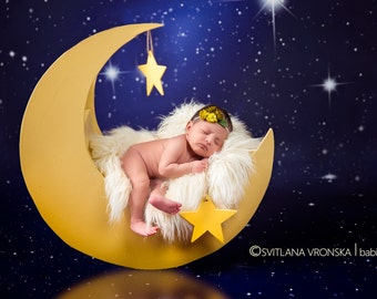 MOON with stars Digital Backdrops, Newborn digital backdrop (moon with white fur for Newborn photography), digital prop