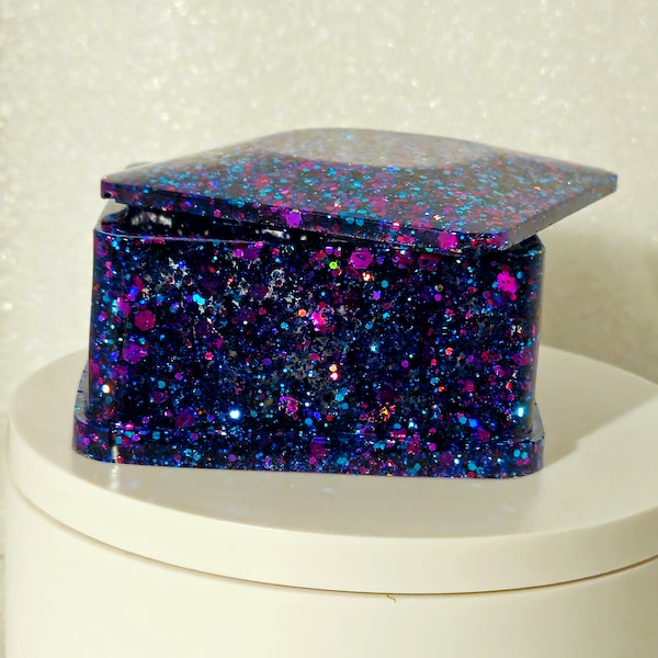 Glitter Square Jewelry Box , Hot and Turquoise Trinket Box  Resin Epoxy box