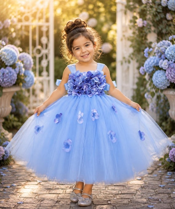 blue tutu dress for girl Baby Toddler Birthday Dress Hydrangea Dress , Light Blue Wedding Color Combo Choices princess gown Black Mesh Floral Applique Size:48 Long