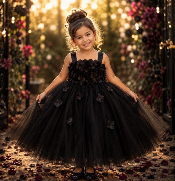 black tutu dress girl Dress, Baby Toddler Birthday Dress, Hydrangea , Gothic Wedding Black Long Sleeve Bridesmaid newin-ever Color:As Photo(Champagne） The Black Solid Tutu