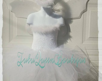 Angel Costume White Tutu Dress Flower Girl Dress with Halo Headband