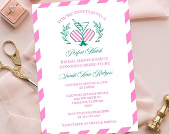 Pickleball Bridal Shower Invitation: Pink Stripes, Martini Glass (Digital Download)