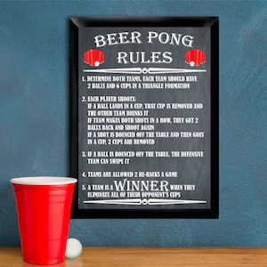 May include: Black chalkboard sign with white text outlining the rules for a beer pong game. The sign reads "Beer Pong Rules" and includes instructions for gameplay, such as how to score points and how to win.
