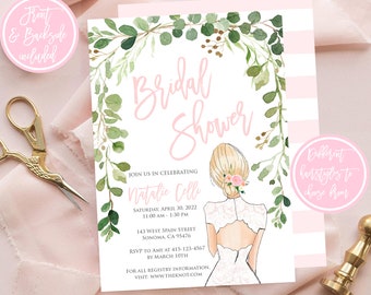 Może przedstawiać: Zaproszenie na wieczór panieński z akwarelową ilustracją kobiety w białej sukni z wiankiem z kwiatów. Zaproszenie zawiera tekst "Bridal Shower", "Natalie Colle", "Sobota, 30 kwietnia 2022", "11:00 - 13:30", "143 West Spain Street", "Sonoma, CA 95476", "RSVP do Amy pod numer 415-123-4567 do 10 marca", oraz "Wszelkie informacje o rejestrze prezentów, znajdziesz na stronie: www.theknot.com".