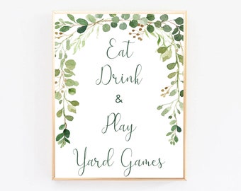 Greenery Eat Drink Play Yard Games Wedding Sign, Tabletop Yard Game Bridal Shower Sign, Couples Shower Printable Yard Game, BBQ Yard Game