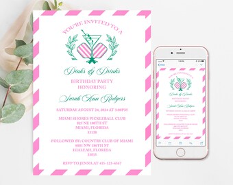 Pickleball Birthday Party Invitation: Dinks and Drinks (Digital Download)