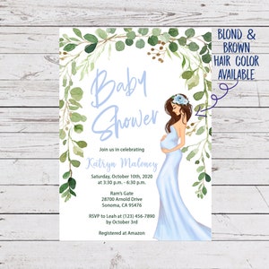 Niebieskie zaproszenie na baby shower boho, zaproszenie na akwarelową kobietę w ciąży, ogłoszenie o chłopcu, kwiatowy baby shower