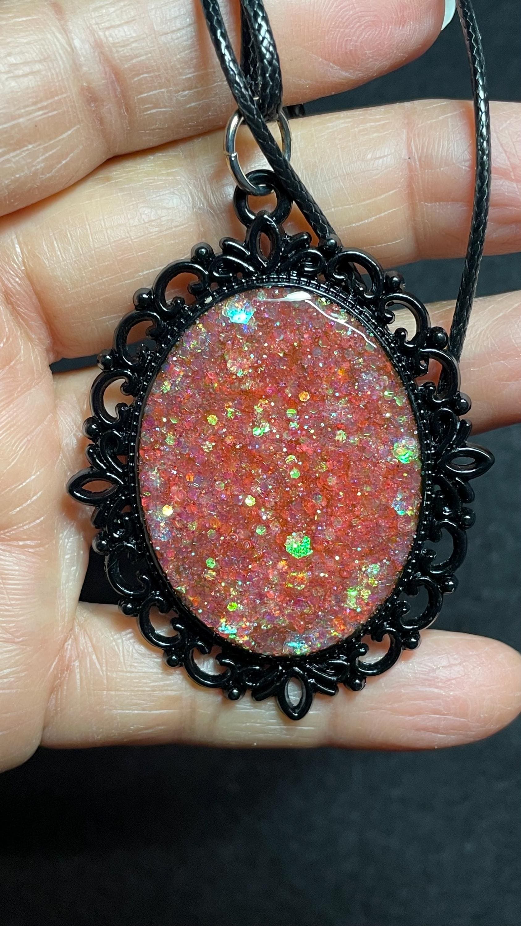 Necklace with a Salmon Colored 3D Glitter in UV Resin Pendant