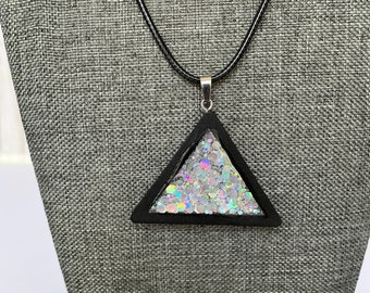 Necklace Resin Pendant Necklace Black Wooden Triangle Open Bezel Filled with Holographic Glitter