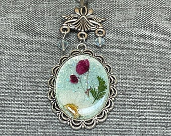 Real Dried Flower Resin Necklace: Sea Foam Green Glitter Pendant