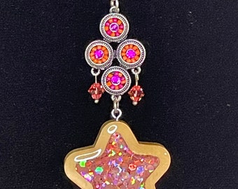 Resin Pendant Necklace: Wooden Flower, Pink Holographic Glitter, Swarovski Crystals