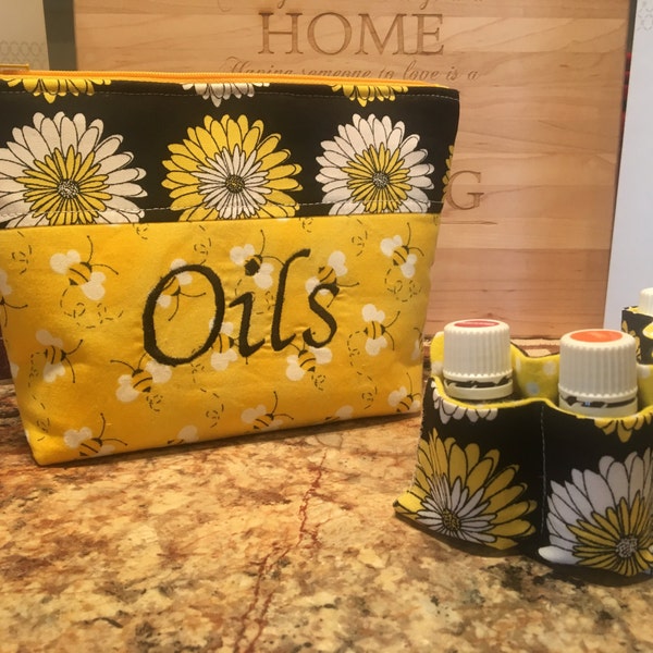 15- pocket- Yellow/Black Bumble Bee & Daisies embroidered essential oil bag/ essential oil case/ EO Carry Pouch/ Oils/ Carry case/ Essential