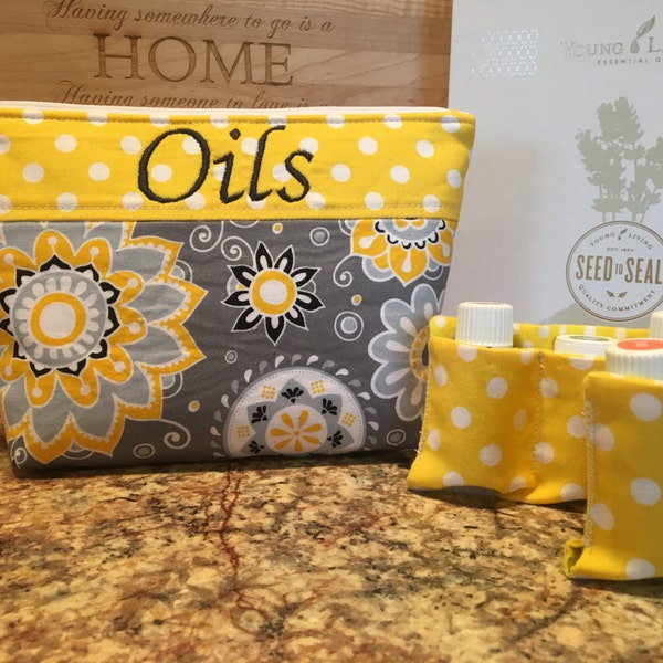 15 pocket +  Yellow, Grey & White floral and polkadot embroidered essential oil bag/ essential oil case/ EO Carry Pouch/ Oils/ Carry case