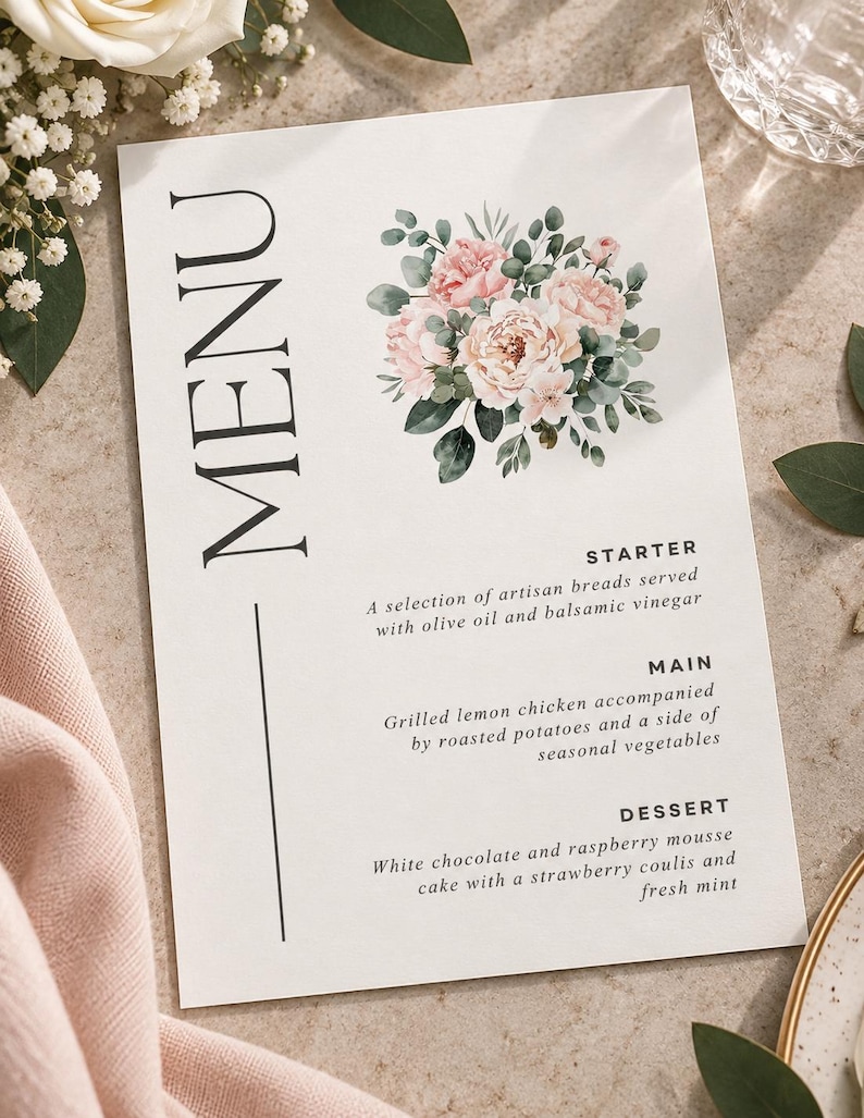 Editable Canva Wedding Menu Template | Floral Reception Table Menu Editable Canva Wedding Menu Template | Floral Reception Table Menu