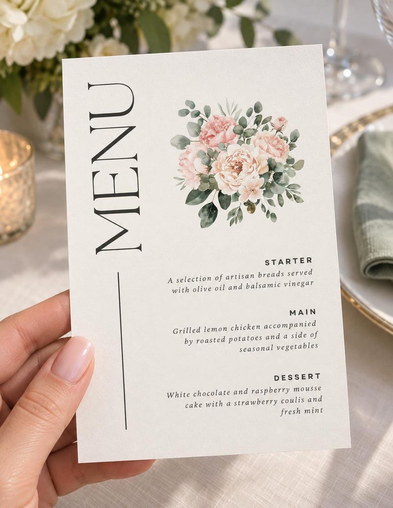 Editable Canva Wedding Menu Template | Floral Reception Table Menu Editable Canva Wedding Menu Template | Floral Reception Table Menu