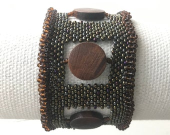 Peyote Stitch, Window Bracelet, Wide Band, Brown, Wood Beads