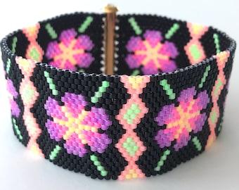 Peyote Stitch Bracelet, Flowers, Huichol Inspired, Black and Neon, Beaded Bracelet, Weave Bracelet, Miyuki Bracelet