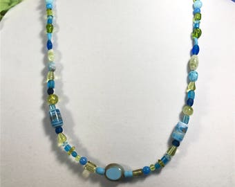Necklace, Blue and Green Glass Beads, Beaded Necklace