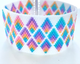 Peyote Stitch, Rainbow and White, Tube Clasp Bracelet, Beaded Bracelet, Weave Bracelet, Miyuki Bracelet