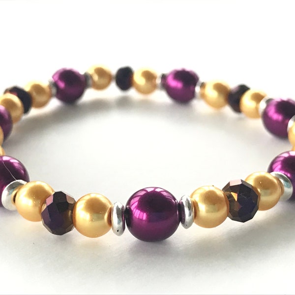 Stretch Bracelet, Deep Magenta and Yellow/Gold, Glass Pearl Beads