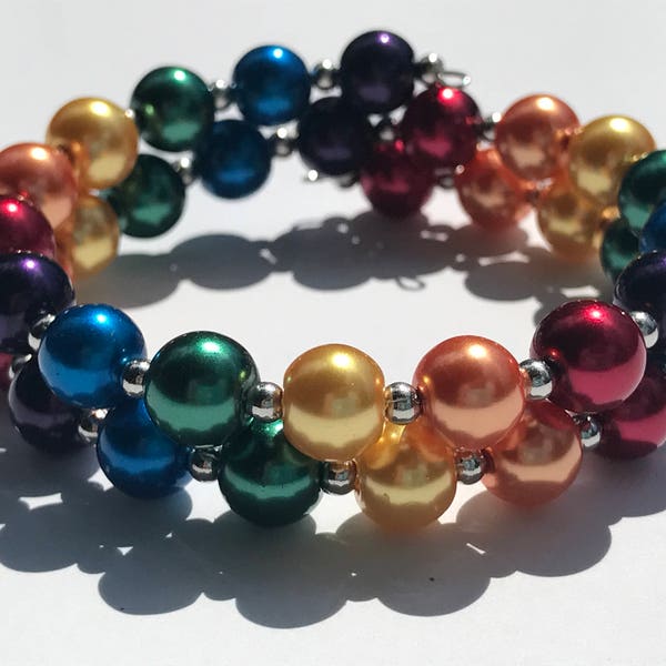 Rainbow, Glass Pearl, Memory Wire Bracelet, Double Wrapped