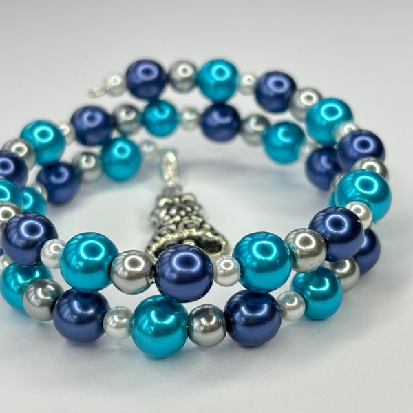 Winter Royal Blue, Bright Teal and White Glass Pearl Memory Wire Bracelet with Removeable Antique Silver Bell Charm