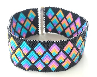 Peyote Stitch, Rainbow and Black, Tube Clasp Bracelet