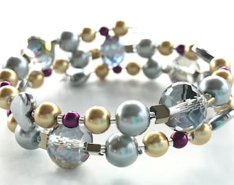 Memory Wire Wrap Bracelet: Glass Pearl Beads, Hematite Heart & Arrow