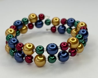 Christmas Lights Red, Royal Blue, Gold, Dark Green Glass Pearl Memory Wire Bracelet