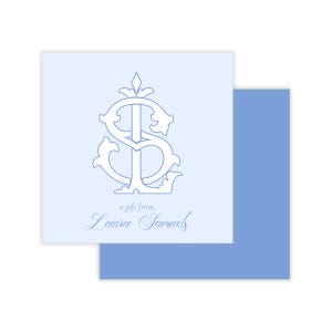 May include: A light blue square card with a white monogram design and the text "a gift from, Laura Samuels." A second, darker blue card is partially visible behind the first. The design is elegant and suitable for stationery or gift tags.