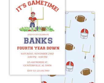 May include: A blue and white football-themed invitation for a child's fourth birthday party. The invitation features a cartoon football player holding a football and standing in front of a goal post. The text on the invitation reads "It's Gametime!" and "Join us to celebrate Banks Fourth Year Down." The invitation also includes the date, time, and location of the party. The background of the invitation is a light blue pattern with footballs, helmets, and goal posts.