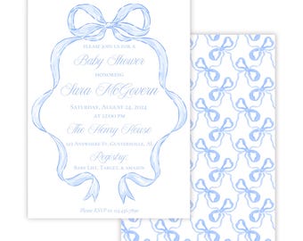 Printable Baby Shower Invitation, Blue Bow Invitation, Baby Shower