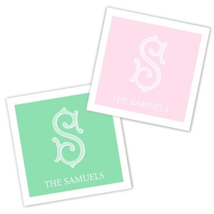 May include: Two square cards with white borders. One card has a light pink background, the other a light green background. Both cards feature a white, ornate letter "S" and the text "THE SAMUELS" in white.