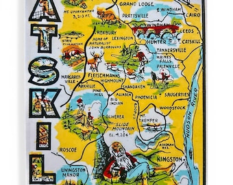 Retro Catskill Mountains Art - Nostalgic 1960's Map - Whimsical Rip Van Winkle Design