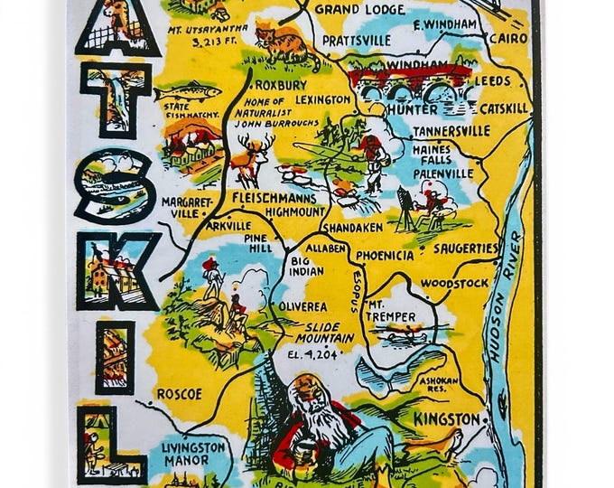 Retro Catskill Mountains Art - Nostalgic 1960's Map - Whimsical Rip Van Winkle Design