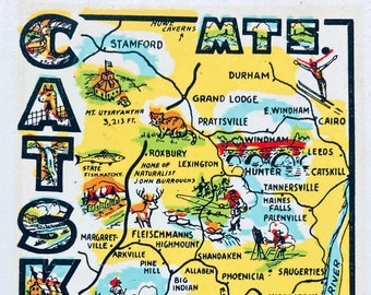 Retro Catskill Mountains Art - Nostalgic 1960's Map - Whimsical Rip Van Winkle Design