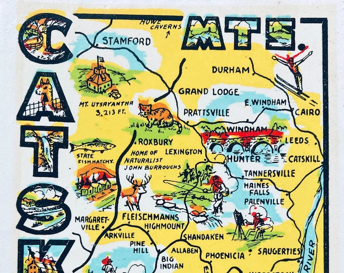 Retro Catskill Mountains Art - Nostalgic 1960's Map - Whimsical Rip Van Winkle Design