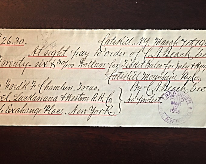 Rare Catskill Mountain Railroad Bank Note signed by C. A Beach, Lackawana and Western RailRoad - Catskill Mountains and Railroad Memorabilia