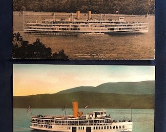 Hudson River Day Line Steamers Chauncey M Depew and the Alexander Hamilton  - Set of Two Vintage Hand colored Albertype Postcards