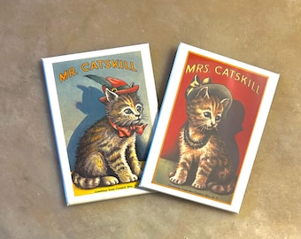 Pair of Mr and Mrs Catskill Magnets - Catskill Mountains Souvenir - Greetings from the Catskill Mountains  - Collectible Cat Magnets