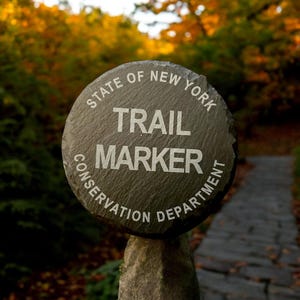May include: A round, dark gray trail marker with white text that reads "TRAIL MARKER" in large letters. The text "STATE OF NEW YORK" and "CONSERVATION DEPARTMENT" are in a circular pattern around the edge. The marker is set on a stone post.