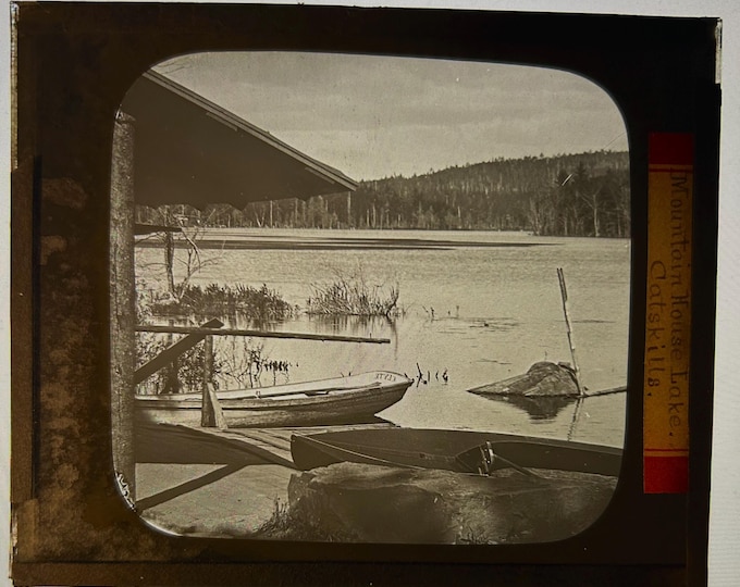 Glass Magic Lantern Slide  - Mountain House Lake (North South Lake)   – Catskill Mountains -   circa 1890 - With Wood Display Box