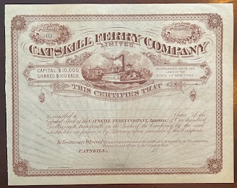 Vintage Catskill Ferry Company Stock Certificate - Charles Beach - Catskill New York Memorabilia - Hudson River - Catskill Mountains