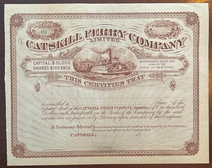 Vintage Catskill Ferry Company Stock Certificate - Charles Beach - Catskill New York Memorabilia - Hudson River - Catskill Mountains
