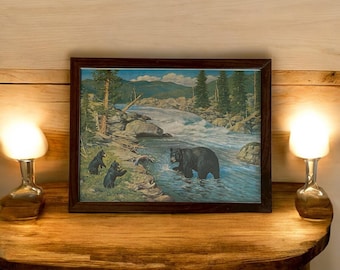 Vintage Catskill Game Farm Foil Print - American Black Bear - Framed - Mid-Century Souvenir Wall Art – Upstate New York Memorabilia 1967